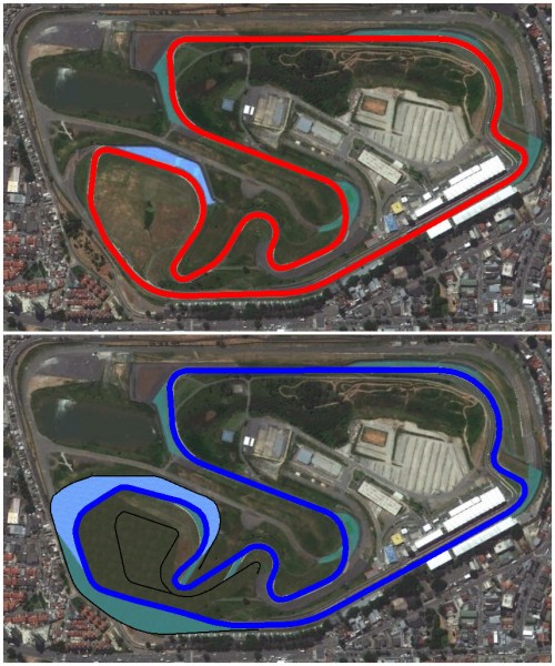 O formato atual do Autódromo de Interlagos (acima, marcado em vermelho) e a proposta de Rodrigo Vilela (abaixo, marcado em azul)